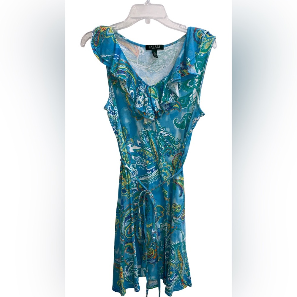 Ralph Lauren Fit & Flare Watercolor Paisley Faux Wrap Dress Size Petite Large